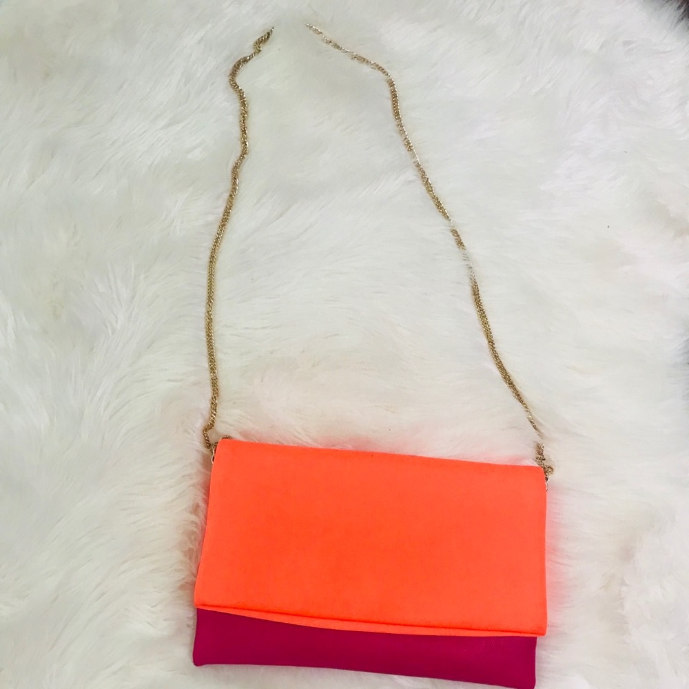 Pink & Orange Color Block Bag W/ Gold Chain Strap